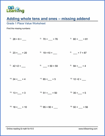 Grade 1 Place Value Worksheet on adding whole tens and ones with missing addend