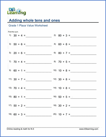 Grade 1 Place Value Worksheet on adding whole tens and ones