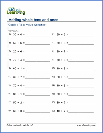 Grade 1 Place Value Worksheet Adding Whole Tens Ones K5 Learning