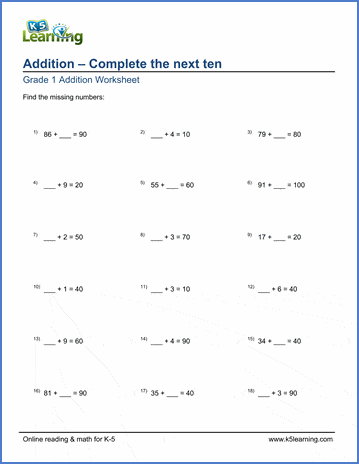 Grade 1 Addition Worksheet on completing the next ten