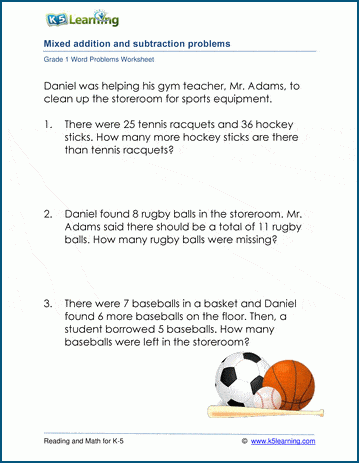 Grade 1 Word Problem Worksheet on adding and subtracting numbers