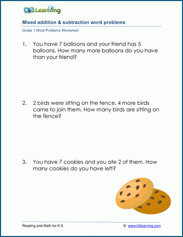 Grade 1 Word Problem Worksheet on adding and / or subtracting 2 single digit numbers 