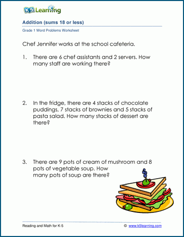 Addition word problems (single digits) worksheets for grade 1 | K5 Learning