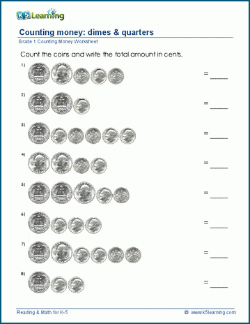 Grade 1 Counting money Worksheet on dimes and quarters