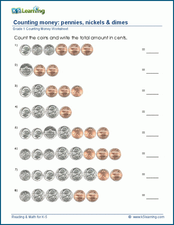 Grade 1 counting money worksheets - pennies, nickels and dimes | K5 Learning