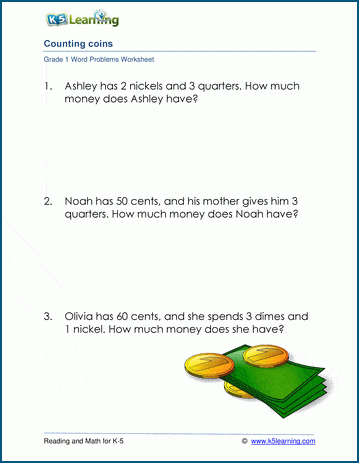 Grade 1 Word Problem Worksheet on counting money