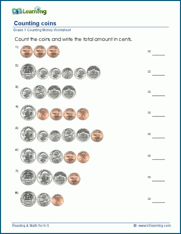 Grade 1 Counting money Worksheet on pennies, nickels, dimes, quarters