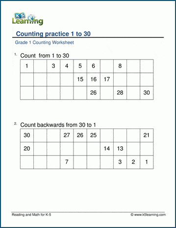 Grade 1 Counting Practice 1-30