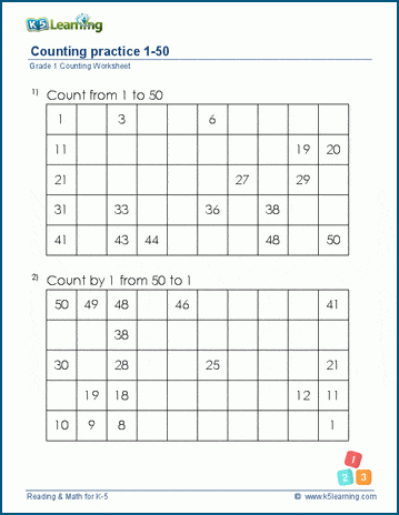 Grade 1 Counting Practice 1-50