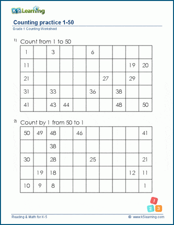 Counting practice (1-50) worksheets | K5 Learning