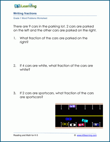 Grade 1 Word Problem Worksheet on writing fractions