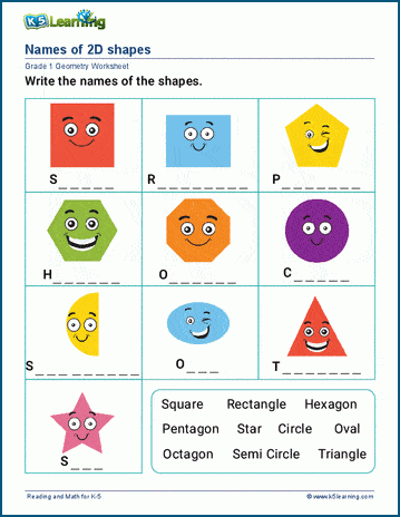 names of shapes worksheets k5 learning