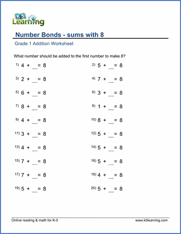 Grade 1 Addition Worksheet on number bonds sums with 8