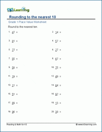 Grade 1 Place Value Worksheet on rounding to the nearest 10