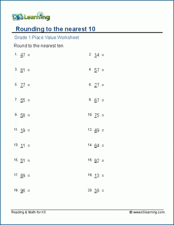 Grade 1 Math Worksheet - Place value: rounding to the nearest 10 | K5  Learning