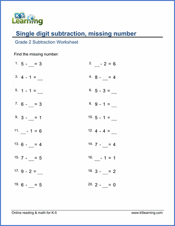 grade 1 math worksheet single digit subtraction missing number k5 learning