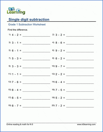 Grade 1 Addition Worksheet on single digit subtraction