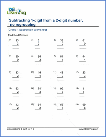 Grade 1 Subtraction Worksheet on subtracting a 1-digit number from a 2-digit number 