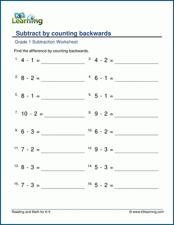 subtract by counting back worksheets k5 learning