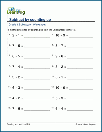 Grade 1 Subtract by counting up worksheets