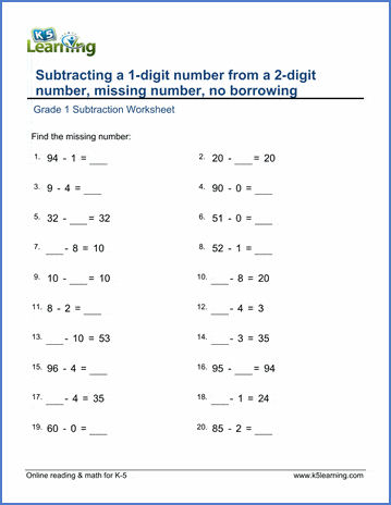 Grade 1 Subtraction Worksheet on subtracting a 1-digit number from a 2-digit number (missing number)