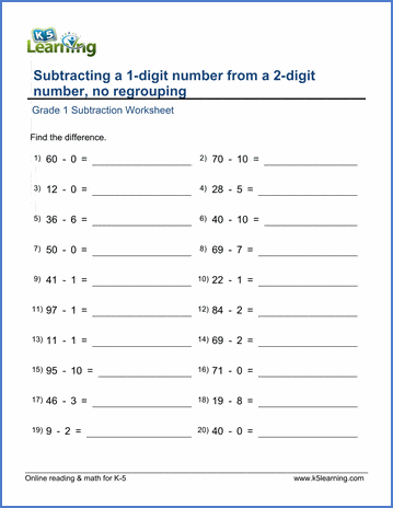 Grade 1 Subtraction Worksheet on subtracting a 1-digit number from a 2-digit number