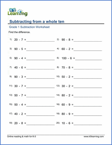 Grade 1 Subtraction Worksheet on subtracting from a while ten
