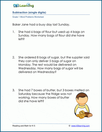 subtraction problem solving worksheets for grade 1