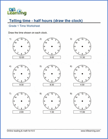 Grade 1 Telling time Worksheet on half hours: draw the clock