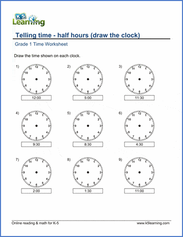 Draw time by half hours worksheets