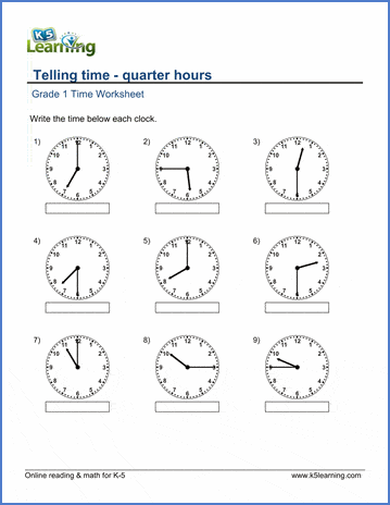 Grade 1 Telling time Worksheet on quarter hours