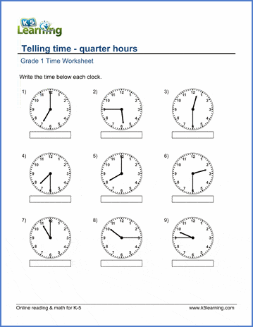 Grade 1 math worksheet - Telling time: quarter hours | K5 Learning