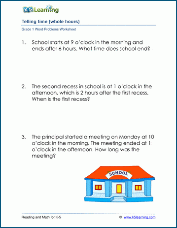 Grade 1 Word Problem Worksheet on elapsed time