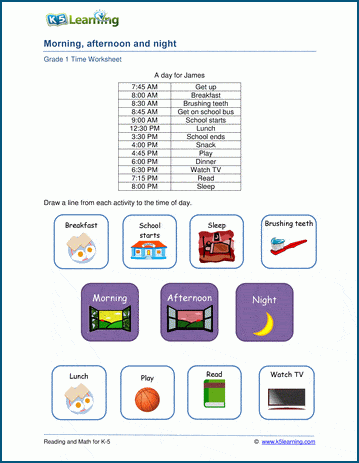 Grade 1 Telling time Worksheet - Morning, afternoon and night