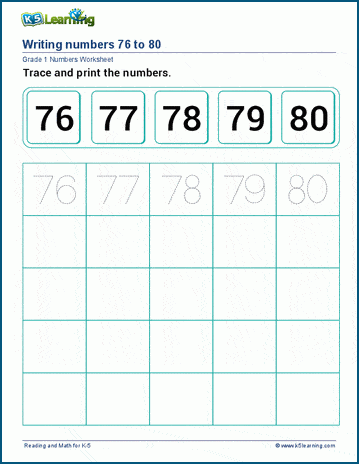 Printing numbers 76-100 worksheet