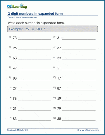 Grade 1 Place Value Worksheet on 2-digit numbers in expanded form