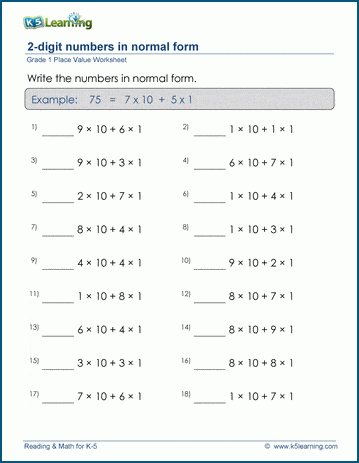 Grade 1 Place Value Worksheet on writing 2-digit numbers in normal form