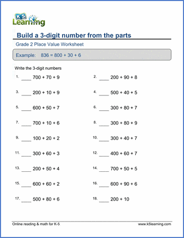 Grade 2 Place Value Worksheet on building a 3-digit number from the parts