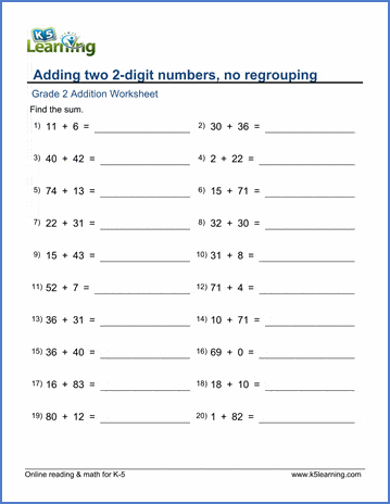 Grade 2 Addition Worksheet on adding two 2-digit numbers - no regrouping