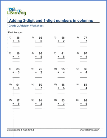 Grade 2 Addition Worksheet on adding 2-digit and 1-digit numbers in columns