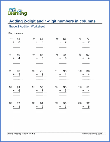 Grade 2 Worksheet - Adding 2-digit and 1-digit numbers in columns | K5  Learning