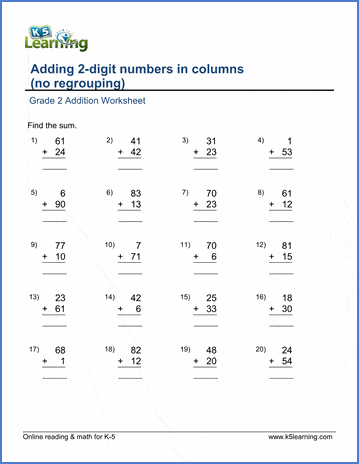 Grade 2 Addition Worksheet on adding two 2-digit numbers - no carrying