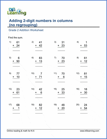 Grade 2 math worksheet: add 2-digit numbers in columns, no regrouping | K5  Learning