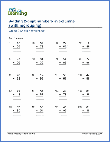 Grade 2 Addition Worksheet on adding two 2-digit numbers in columns with carrying