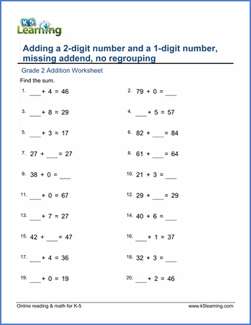 Grade 2 Addition Worksheet on adding a 2-digit number and a 1-digit number - no regrouping, missing addend