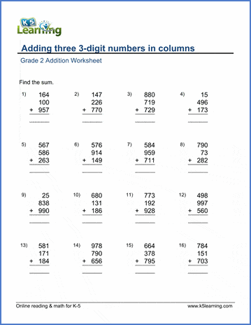 Grade 2 Addition Worksheet on adding three 3-digit numbers in columns