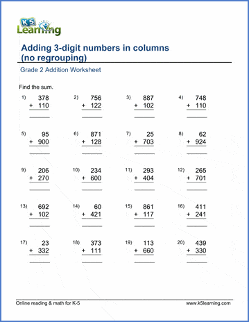Grade 2 Addition Worksheet on adding 3-digit numbers in columns - no carrying