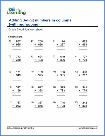 Grade 2 Addition Worksheet on adding 3-digit numbers in columns with carrying