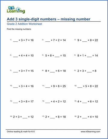 Grade 2 Addition Worksheet on adding 3 single-digit numbers with missing number