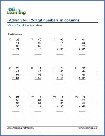 Grade 2 Addition Worksheet on adding four 2-digit numbers in columns
